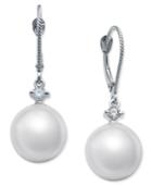 Cultured White South Sea Pearl (11mm) And Diamond (1/6 Ct. T.w.) Drop Earrings In 14k White Gold