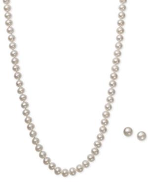 White Cultured Freshwater Pearl (6mm) Necklace And Matching Stud (7-1/2mm) Earrings Set In Sterling Silver