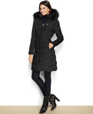 Calvin Klein Petite Faux-fur-hood Chevron Quilted Puffer Coat