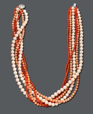 Pearl Necklace, Sterling Silver Multicolor Cultured Freshwater Pearl And Coral Six Row