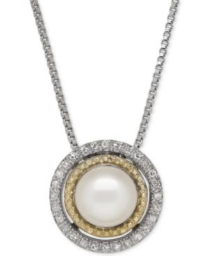 Freshwater Pearl (6-1/2mm) And Diamond Accent Circle Pendant Necklace In Sterling Silver And 14k Gold