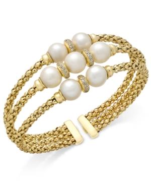 Cultured Freshwater Pearl (7-9mm) & Cubic Zirconia Openwork Bangle Bracelet In 14k Gold-plated Sterling Silver
