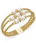 Cultured Freshwater Pearl (7-9mm) & Cubic Zirconia Openwork Bangle Bracelet In 14k Gold-plated Sterling Silver