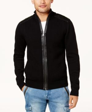 Guess Men's Full-zip Sweater With Faux-leather Trim