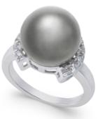 Cultured Black Tahitian Pearl (12mm) And Diamond (1/5 Ct. T.w.) Ring In 14k White Gold