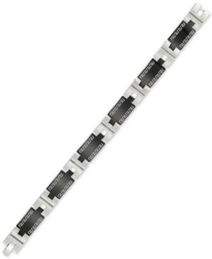 Legacy For Men By Simone I. Smith Greek Key Pattern Link Bracelet In Stainless Steel & Black Ion-plate