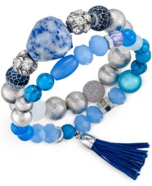 Silver-tone Blue Beaded Duo Stretch Bangle Bracelet