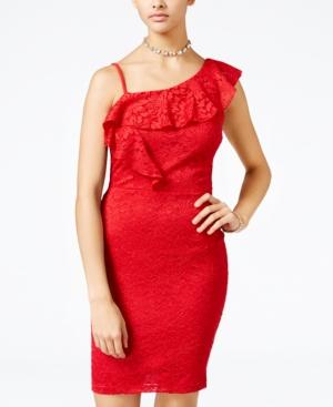 Sequin Hearts Juniors' One-shoulder Glitter Lace Bodycon Dress