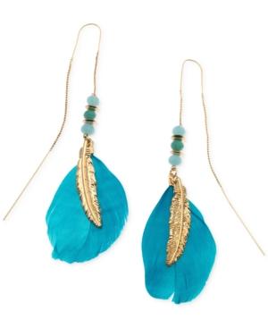 Guess Gold-tone Beaded Feather Threader Drop Earrings