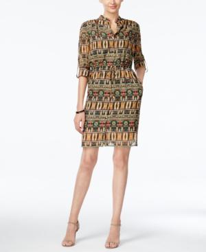 Tahari Asl Global-print Drawstring Shirtdress