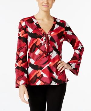Ny Collection Petite Lace-up Geo-print Top