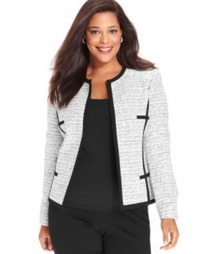 Kasper Plus Size Jacket, Open-front Tweed Contrast Trim
