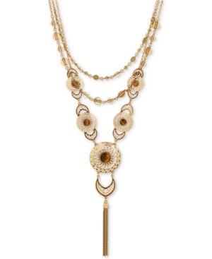 Lucky Brand Gold-tone Ornate Multi-layer Stone And Tassel Statement Necklace
