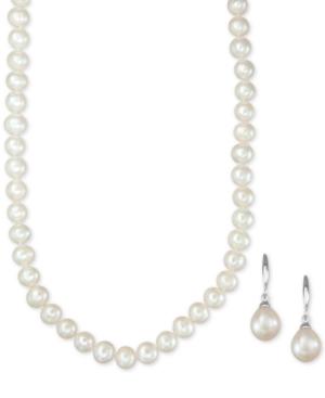 Cultured Freshwater Pearl Necklace (7-7 1/2mm) And Drop Earrings (7x9mm) Set In Sterling Silver