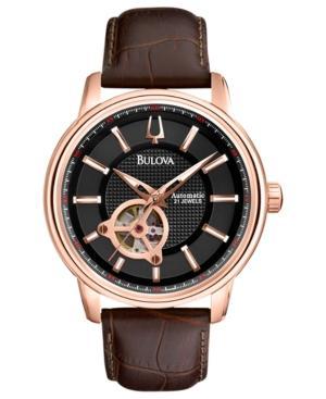 Bulova Watch, Men's Automatic Mechanical Brown Leather Strap 45mm 97a109
