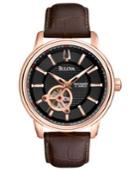 Bulova Watch, Men's Automatic Mechanical Brown Leather Strap 45mm 97a109