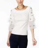 Inc International Concepts Embellished Tulle-sleeve Sweater, Only At Macy's