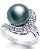 Black Tahitian Pearl (11mm) And Diamond (3/8 Ct. T.w.) Ring In 14k White Gold