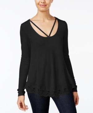 Belle Du Jour Juniors' Lace-trim Cage-front Top