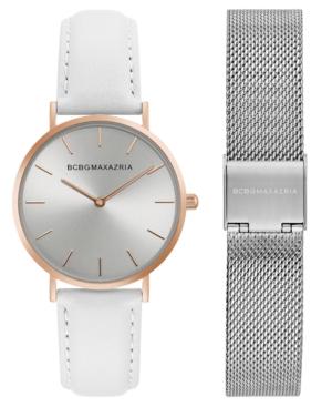 Bcbg Maxazria Ladies Watch Box Set With White Leather Strap And Silver Mesh Bracelet, 36mm