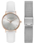 Bcbg Maxazria Ladies Watch Box Set With White Leather Strap And Silver Mesh Bracelet, 36mm