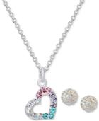 Colored And Clear Crystal Heart Necklace And Stud Earrings
