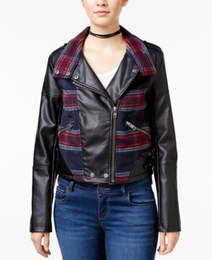 Collection B Faux-leather Plaid-trim Moto Jacket