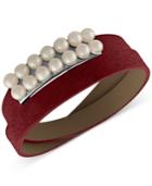 Majorica Silver-tone Imitation Pearl Leather Wrap Bracelet