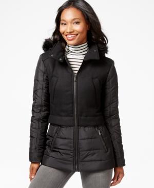 Celebrity Pink Faux-fur-trim Mixed-media Puffer Coat