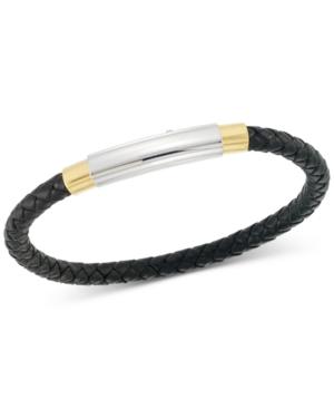Legacy For Men By Simone I. Smith Two-tone Woven Black Leather Bracelet In Stainless Steel & Yellow Ion-plate