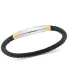 Legacy For Men By Simone I. Smith Two-tone Woven Black Leather Bracelet In Stainless Steel & Yellow Ion-plate
