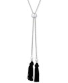 Lucky Brand Silver-tone Imitation Pearl & Black Tassel Lariat Necklace