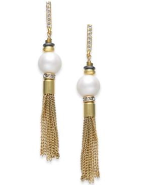 Paul & Pitu Naturally Two-tone Pave & Imitation Pearl Chain Drop Earrings