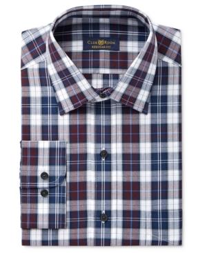 Club Room Estate Men's Classic-fit Wrinkle-resistant Burgandy Navy Plaid Dress Shirt, Only At Macy's