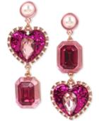 Betsey Johnson Rose Gold-tone Pink Stone, Glitter Heart & Imitation Pearl Mismatch Drop Earrings