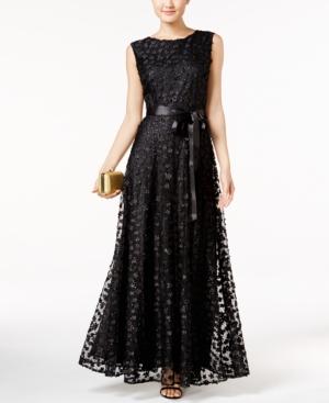 Tahari Asl Floral Applique V-back Sash Gown