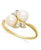 10k Gold Ring, Cultured Freshwater Pearl And Diamond Accent Leaf Ring