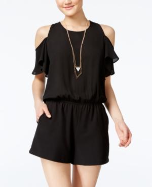 Bcx Juniors' Ruffle-sleeve Off-the-shoulder Romper With Necklaces