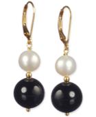 Onyx (20 Ct. T.w.) And Cultured Freshwater Pearl (12mm) Leverback Earrings In 14k Gold Over Sterling Silver