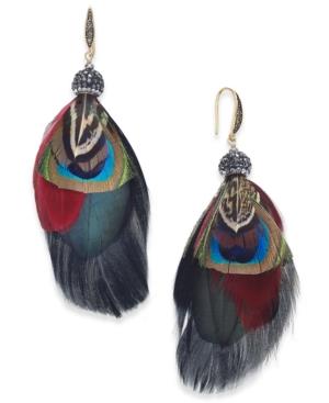 Paul & Pitu Naturally Gold-tone Crystal & Feather Drop Earrings