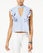 Love, Fire Juniors' Embroidered Mock-neck Cutout Top