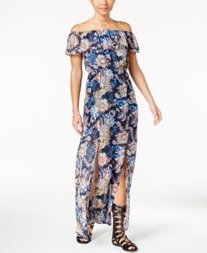 Sequin Hearts Juniors' Floral-print Off-the-shoulder Maxi Dress