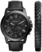 Fossil Men's Chronograph Grant Black Leather Strap Watch & Bracelet Box Set 45mm Fs5147set