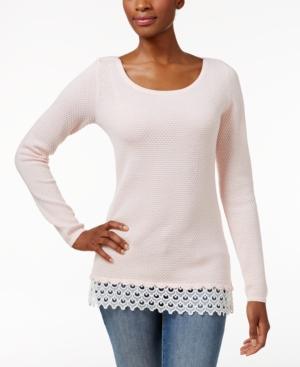 Charter Club Petite Lace-trim Textured Sweater, Only At Macy's