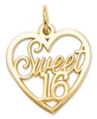 14k Gold Charm, Sweet 16 Heart Charm