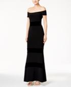 Xscape Velvet Stripe Off-the-shoulder Gown