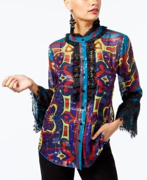 Anna Sui X Inc International Concepts Silk Ruffled Lace-trim Blouse, Created For Macy's