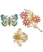 Charter Club Gold-tone Flower, Butterfly And Beetle Pins Brooch