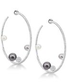 Swarovski Silver-tone Pave Ball & Imitation Pearl Hoop Earrings
