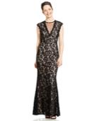 Betsy & Adam Petite Cap-sleeve Lace Illusion Gown